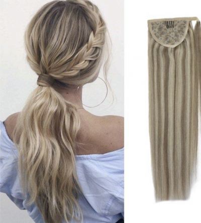 blonde foiled creamy latte colour hair extensions ponytail long and thick human hair