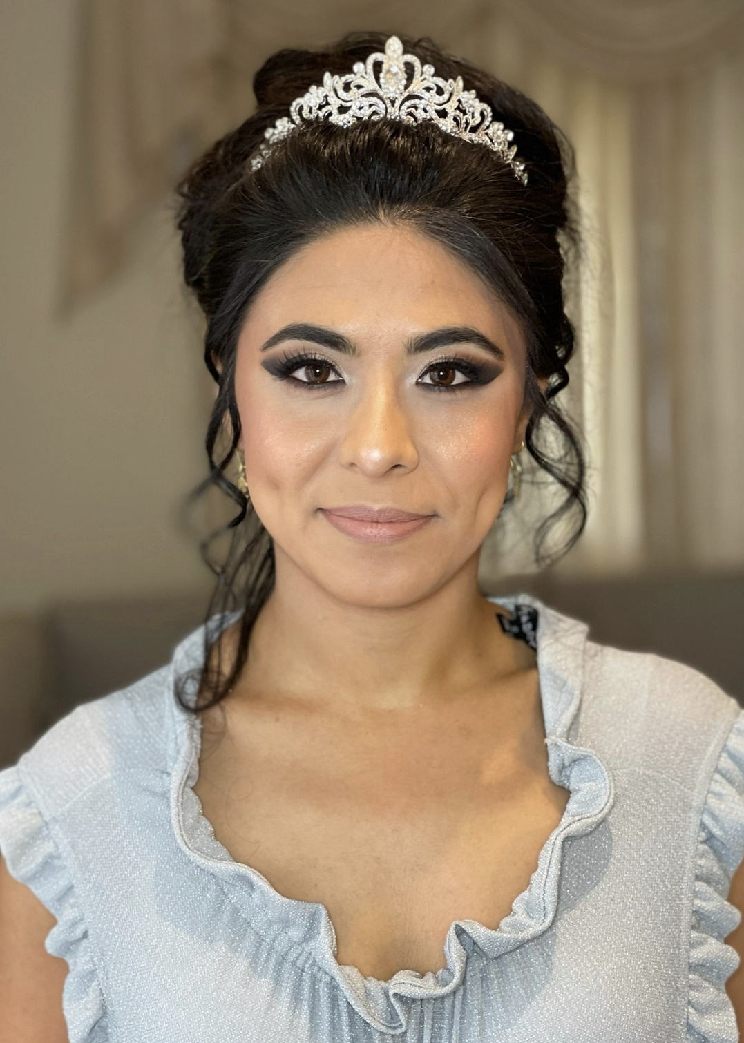 hair and makeup on bride with crown tiara