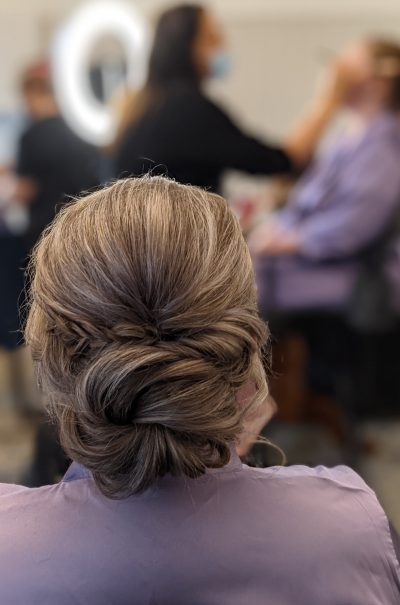 Bridal hair bun with fishtail braid. Caramel / coffee hair colour